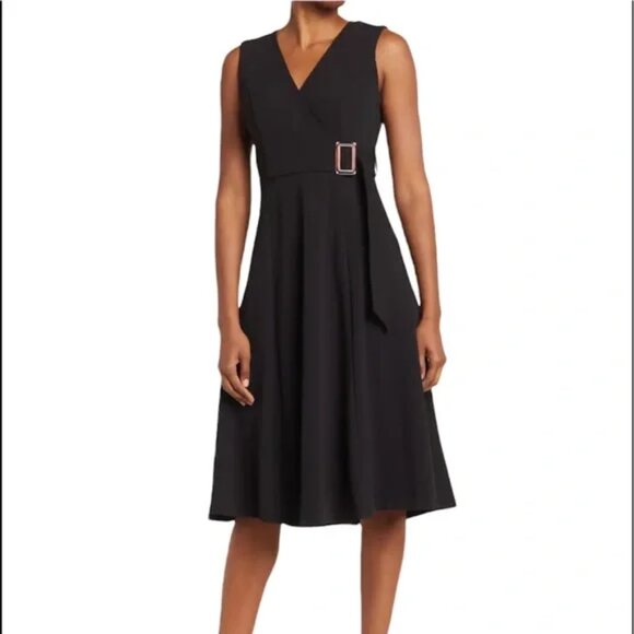 EUC Calvin Klein Surplice Buckle A-line Midi Work Dress Black (Size: 6) - Picture 1 of 5